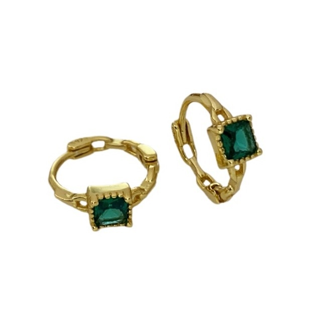 Cercei din argint 925, design geometric pătrat, piatră smarald, placare electroplată