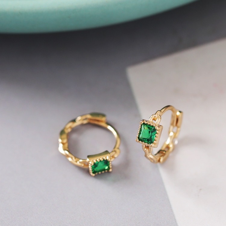 Cercei din argint 925, design geometric pătrat, piatră smarald, placare electroplată