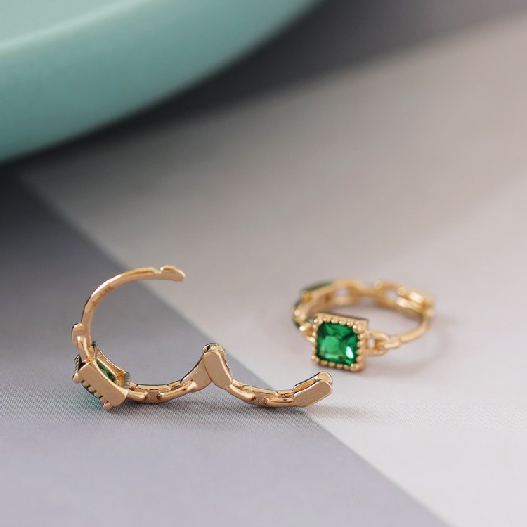 Cercei din argint 925, design geometric pătrat, piatră smarald, placare electroplată