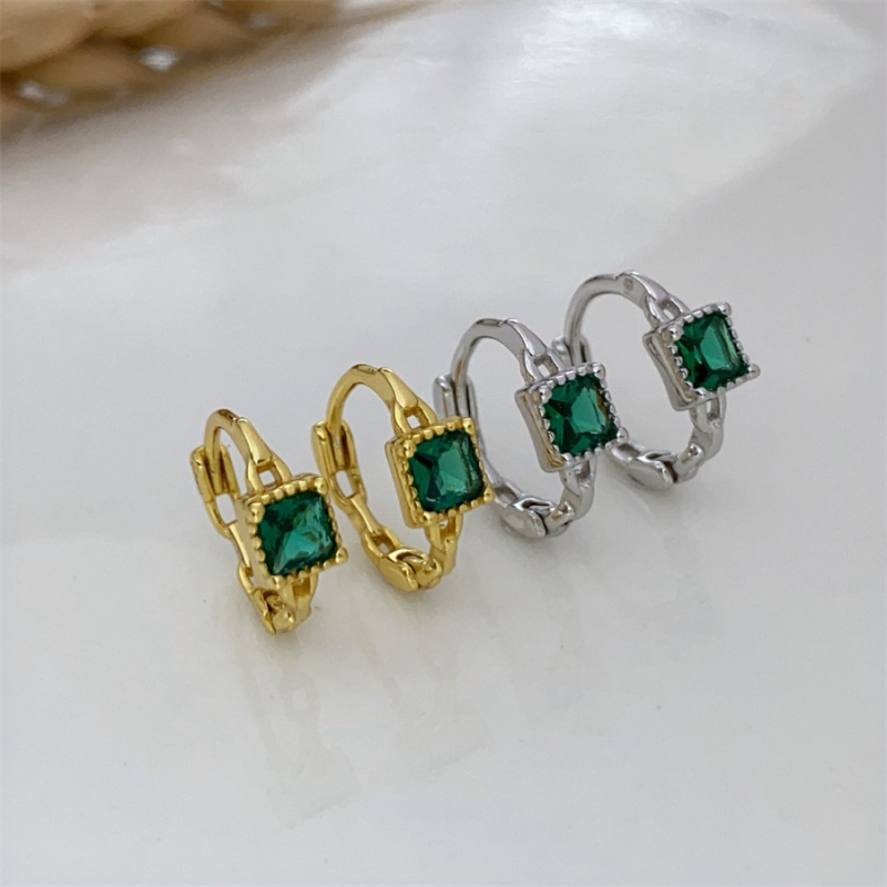 Cercei din argint 925, design geometric pătrat, piatră smarald, placare electroplată