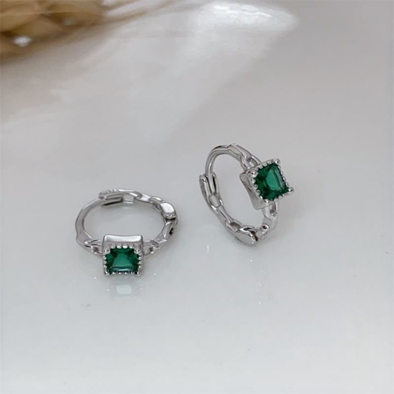 Cercei din argint 925, design geometric pătrat, piatră smarald, placare electroplată