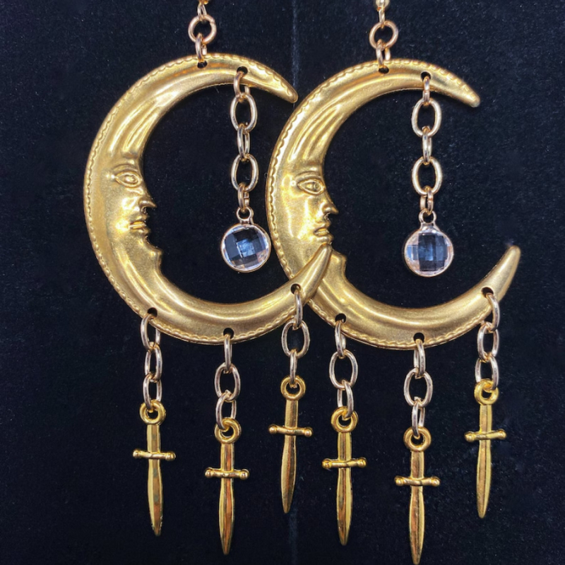 Naušnice - Polumjesec Mač i Zvijezda, Rhinestones, Gotički Stil, Ručna Izrada, Cinkova Zlitina, Unisex