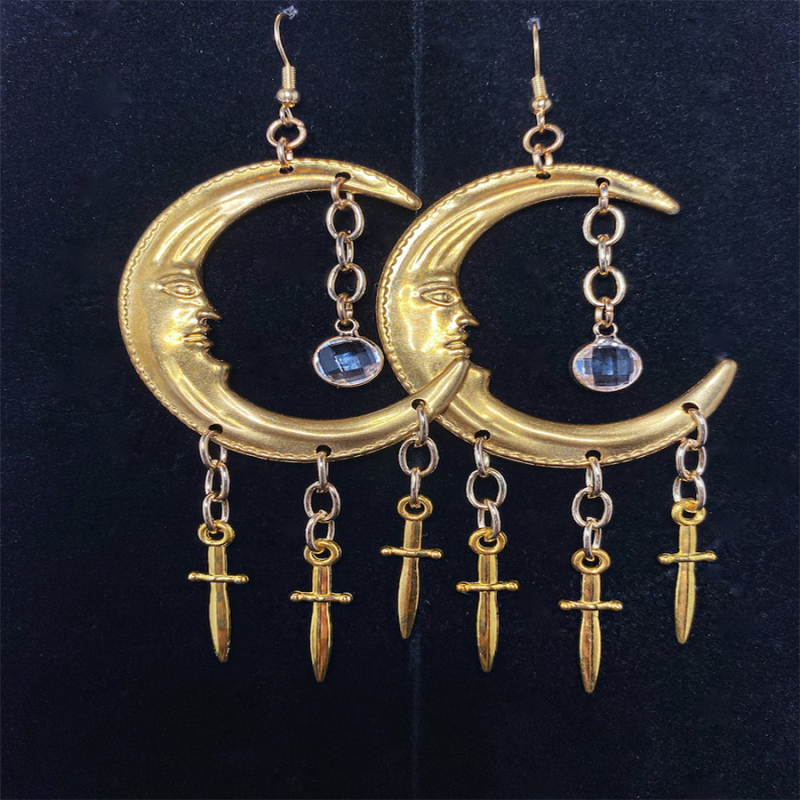 Naušnice - Polumjesec Mač i Zvijezda, Rhinestones, Gotički Stil, Ručna Izrada, Cinkova Zlitina, Unisex