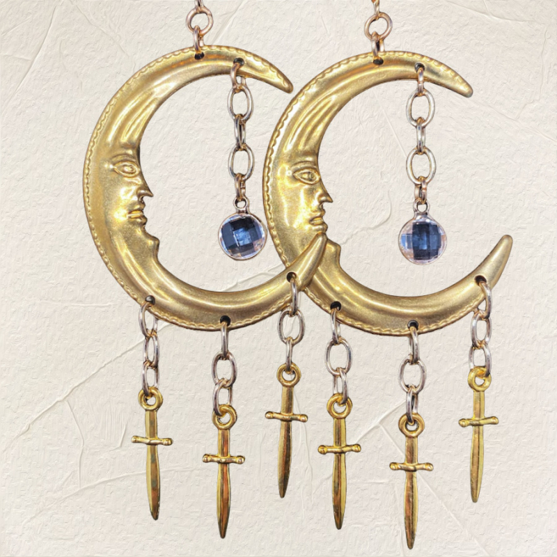 Naušnice - Polumjesec Mač i Zvijezda, Rhinestones, Gotički Stil, Ručna Izrada, Cinkova Zlitina, Unisex