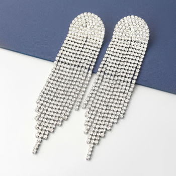 Naušnice s rhinestones, geometrijski polukružni, dugi viseći resi, čelični ušni post, lagani luksuzni stil