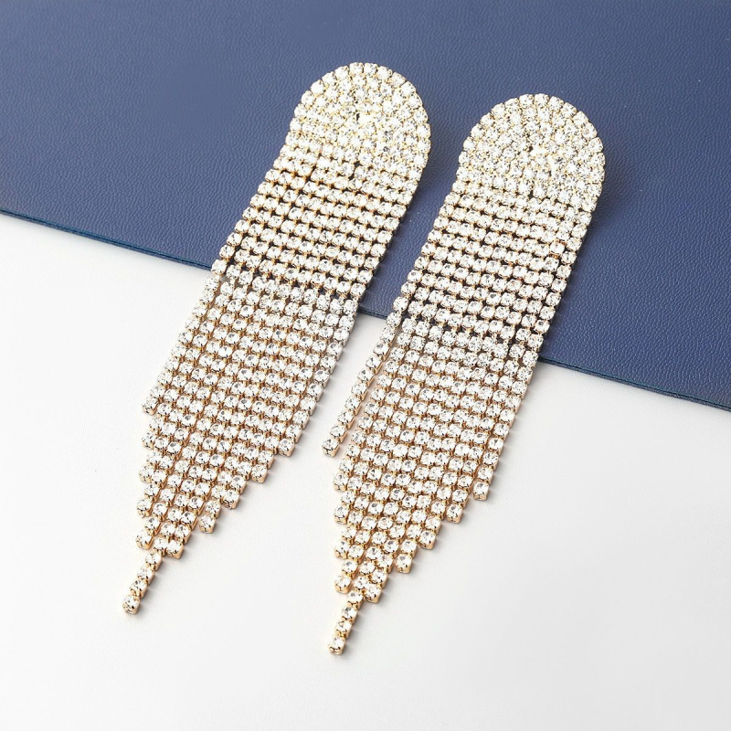 Naušnice s rhinestones, geometrijski polukružni, dugi viseći resi, čelični ušni post, lagani luksuzni stil