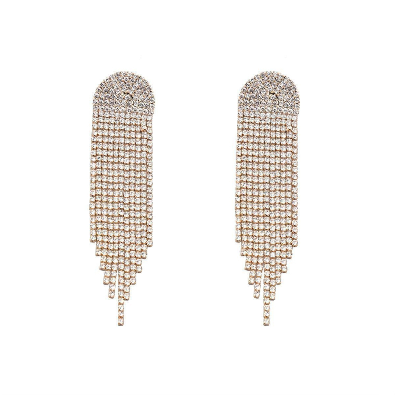 Naušnice s rhinestones, geometrijski polukružni, dugi viseći resi, čelični ušni post, lagani luksuzni stil