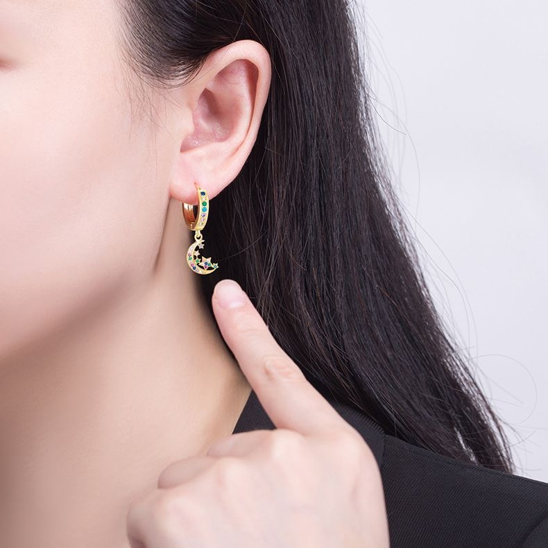 Cercei Stea-Lună, Zirconiu, Cupru placat cu aur, știfturi din oțel inoxidabil, bijuterii de modă pentru femei