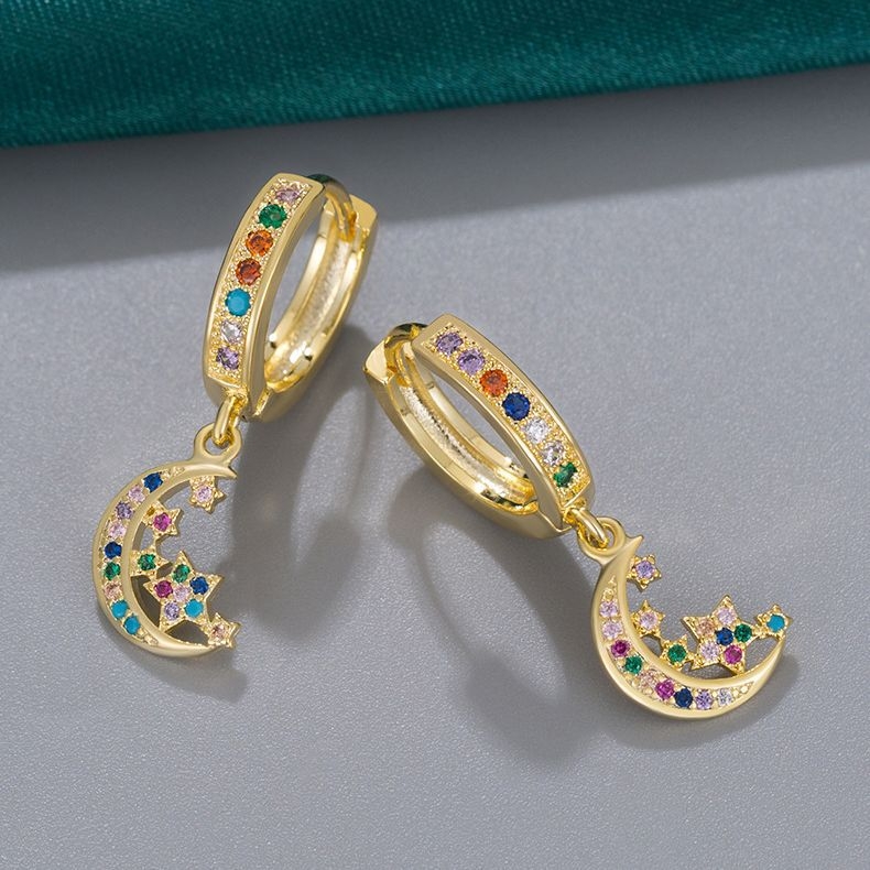 Cercei Stea-Lună, Zirconiu, Cupru placat cu aur, știfturi din oțel inoxidabil, bijuterii de modă pentru femei