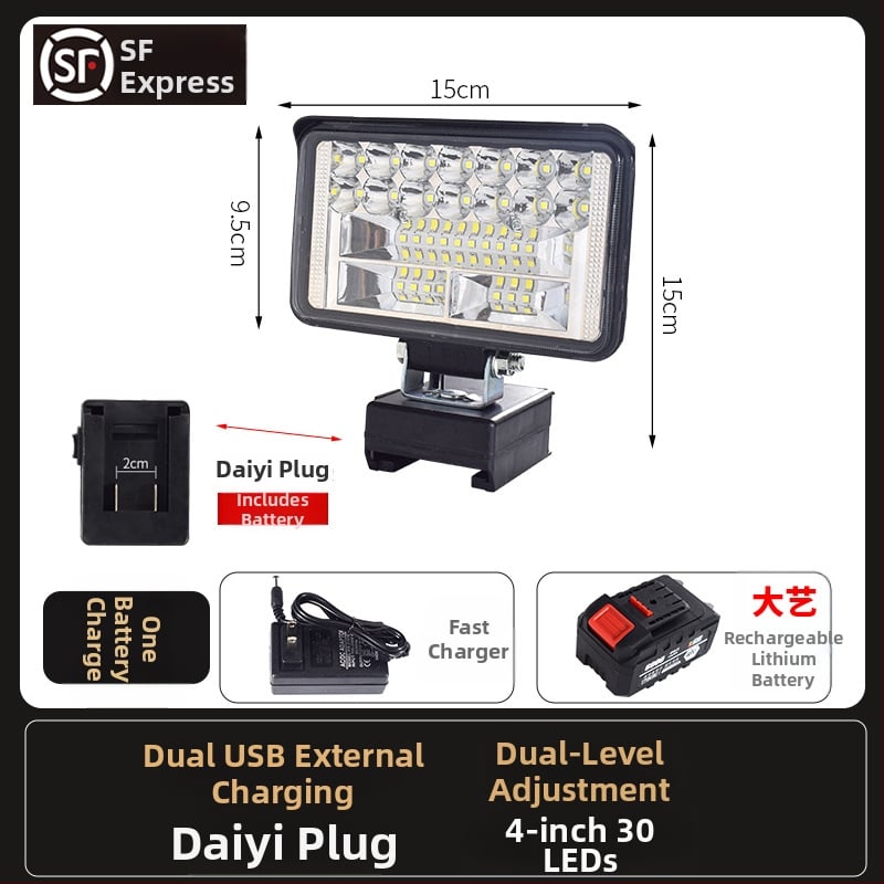 LED darbojo darbo lemputė su ličio baterija – universal, 100W, 12–80V, 5000K, LED tarnavimo laikas 5000 h, aliuminio ir plastiko korpusas