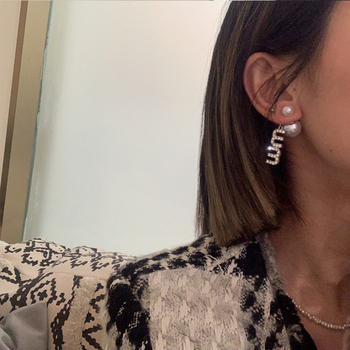 925 srebrne naušnice s iglom, elegantna slova MM, rhinestones i biseri, nosive sprijeda i straga