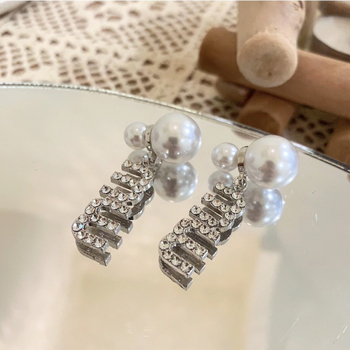925 srebrne naušnice s iglom, elegantna slova MM, rhinestones i biseri, nosive sprijeda i straga