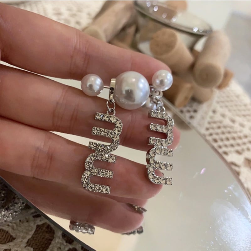 925 srebrne naušnice s iglom, elegantna slova MM, rhinestones i biseri, nosive sprijeda i straga