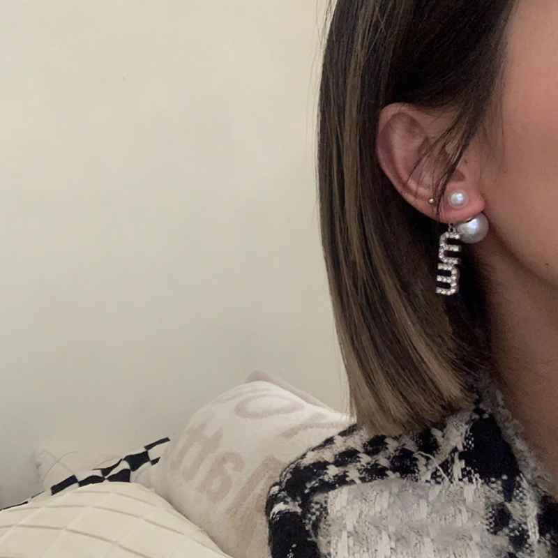 925 srebrne naušnice s iglom, elegantna slova MM, rhinestones i biseri, nosive sprijeda i straga