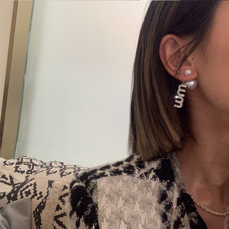 925 srebrne naušnice s iglom, elegantna slova MM, rhinestones i biseri, nosive sprijeda i straga