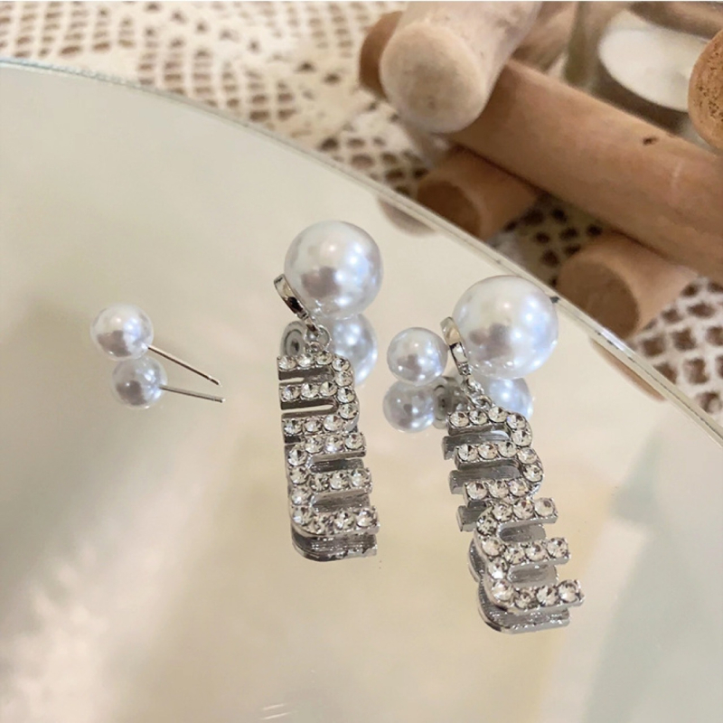 925 srebrne naušnice s iglom, elegantna slova MM, rhinestones i biseri, nosive sprijeda i straga
