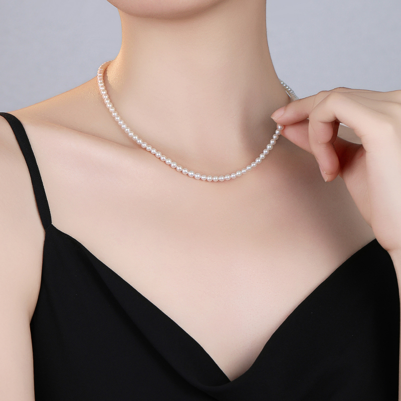 Frissvízi gyöngyökből készült nyaklánc, közel kerek formájú, 925 ezüst szövés, Zhuji eredet