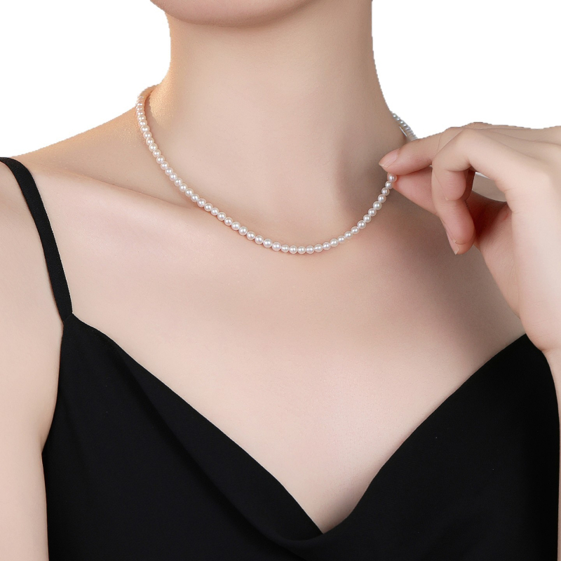 Frissvízi gyöngyökből készült nyaklánc, közel kerek formájú, 925 ezüst szövés, Zhuji eredet