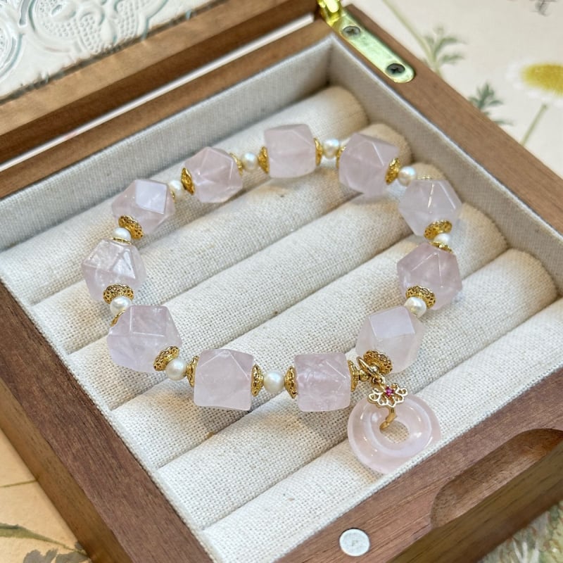 Narukvica s privjeskom od ružnog kvarca – Qiaoen, svjež i sladak stil, za žene, brušenje i poliranje