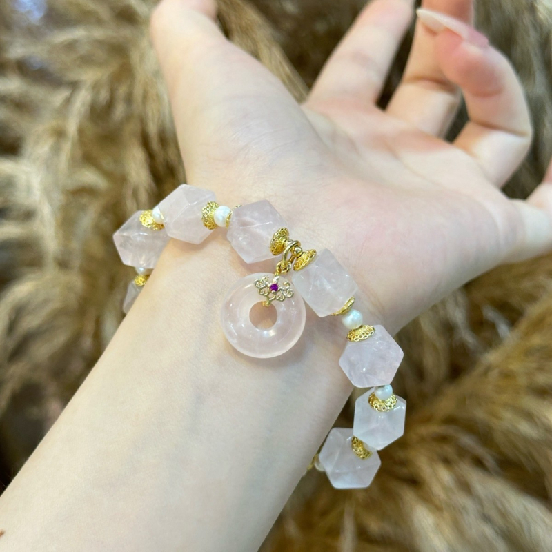 Narukvica s privjeskom od ružnog kvarca – Qiaoen, svjež i sladak stil, za žene, brušenje i poliranje