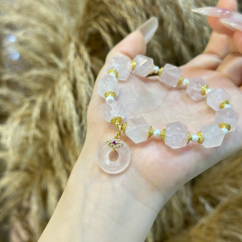 Narukvica s privjeskom od ružnog kvarca – Qiaoen, svjež i sladak stil, za žene, brušenje i poliranje