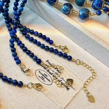 Ogrlica od Lapis Lazuli s bisernim lancem, ručna izrada, geometrijski dizajn, originalni stil, ljeto 2024