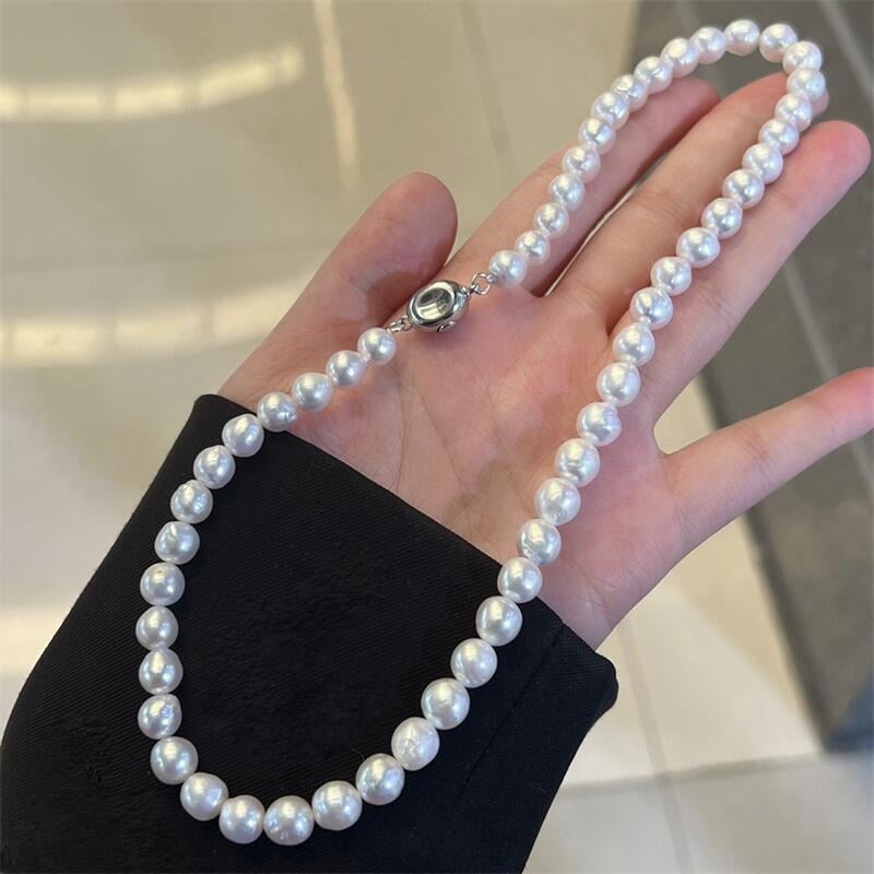 Kaklaraištis iš gėlavandenčių perlų arti apskritos formos, 925 sidabras, natūralus stilius, 2024 m. pavasaris