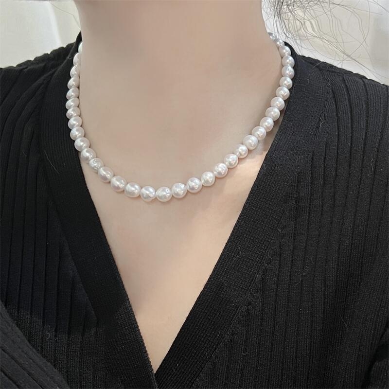 Kaklaraištis iš gėlavandenčių perlų arti apskritos formos, 925 sidabras, natūralus stilius, 2024 m. pavasaris