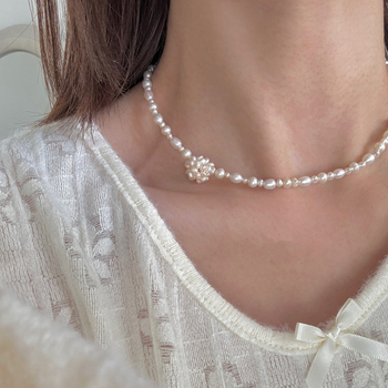 Colier din perle naturale, țesut, formă geometrică, pandantiv din perlă naturală, lanț cu perle, stil vintage