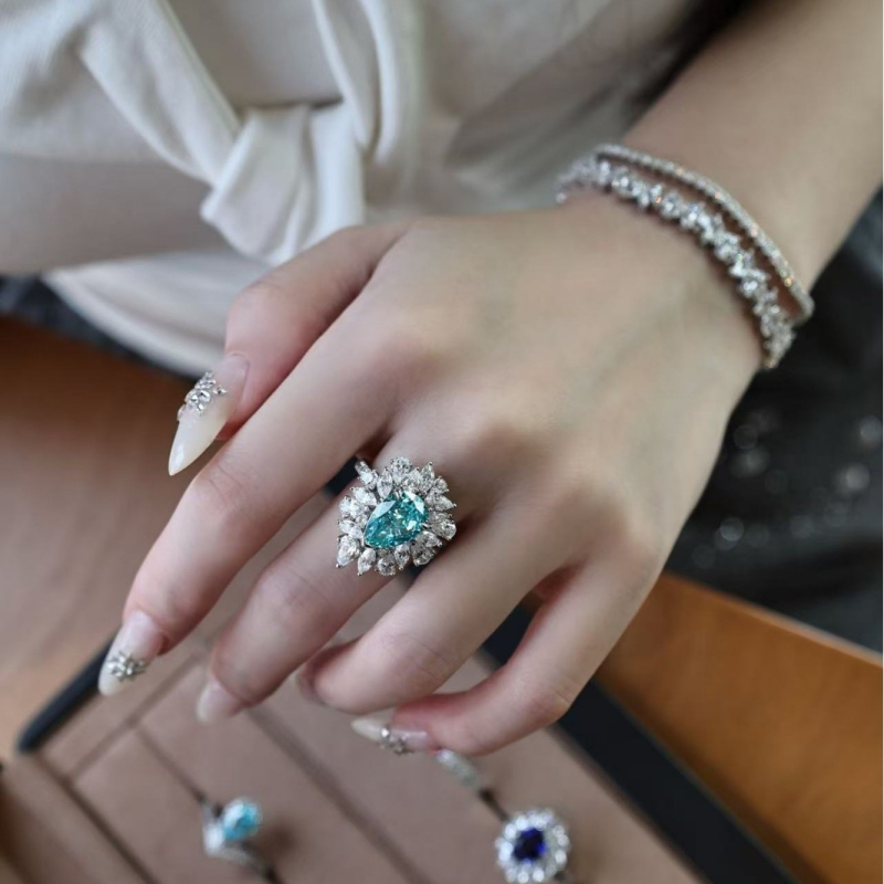 Параиба пръстен от стерлингово сребро със сапфир, капковидна форма, Серия Принцеса, R045