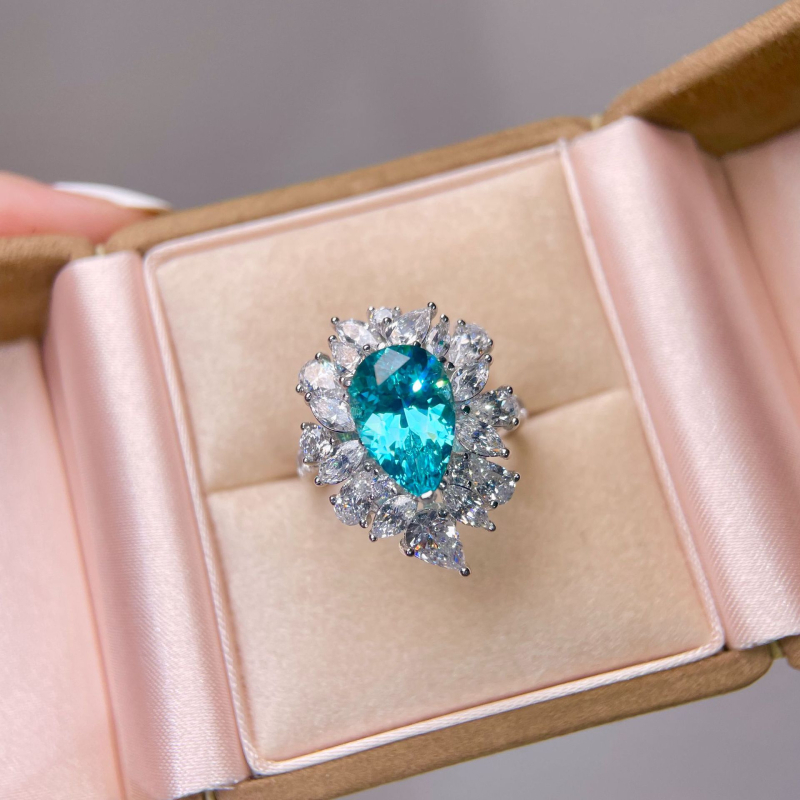 Параиба пръстен от стерлингово сребро със сапфир, капковидна форма, Серия Принцеса, R045