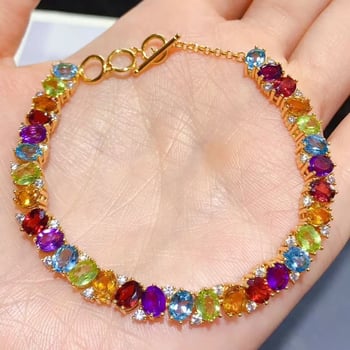S925 srebrni narukvica s ugradnim topazima, granatom, ametistom, citrinom i peridotom – svježi i slatki korejski geometrijski nakit za žene