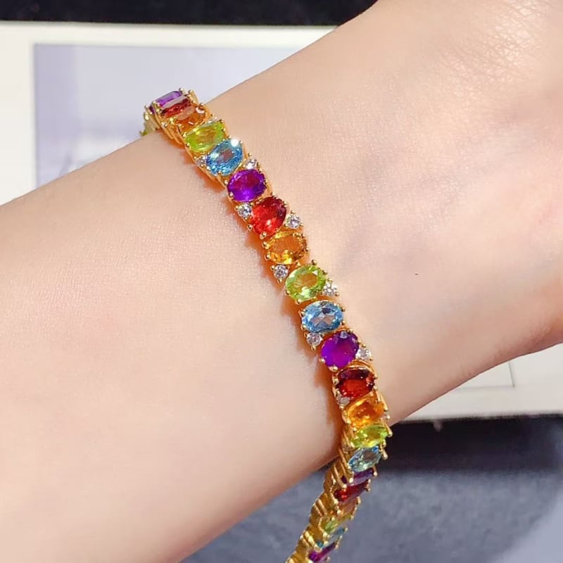 S925 srebrni narukvica s ugradnim topazima, granatom, ametistom, citrinom i peridotom – svježi i slatki korejski geometrijski nakit za žene