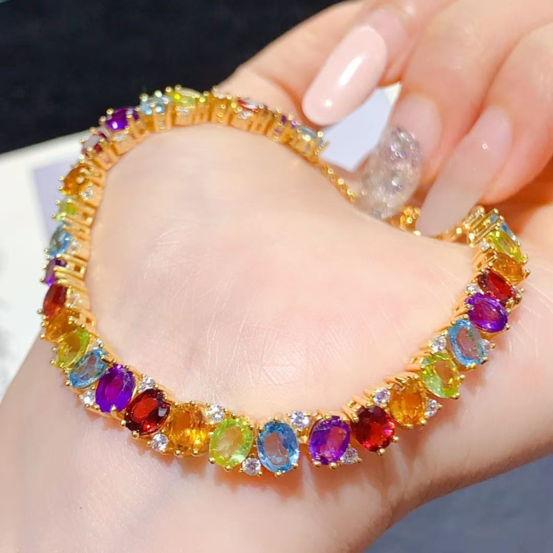 S925 srebrni narukvica s ugradnim topazima, granatom, ametistom, citrinom i peridotom – svježi i slatki korejski geometrijski nakit za žene