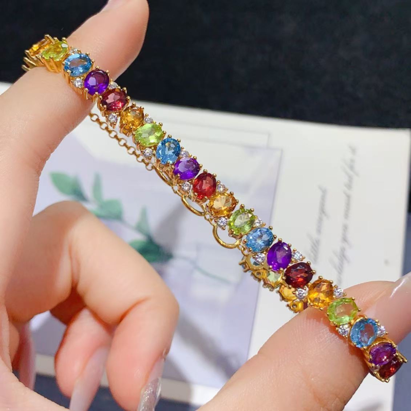S925 srebrni narukvica s ugradnim topazima, granatom, ametistom, citrinom i peridotom – svježi i slatki korejski geometrijski nakit za žene