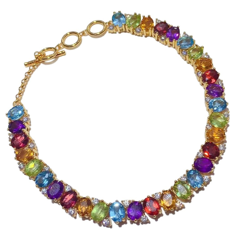 S925 srebrni narukvica s ugradnim topazima, granatom, ametistom, citrinom i peridotom – svježi i slatki korejski geometrijski nakit za žene