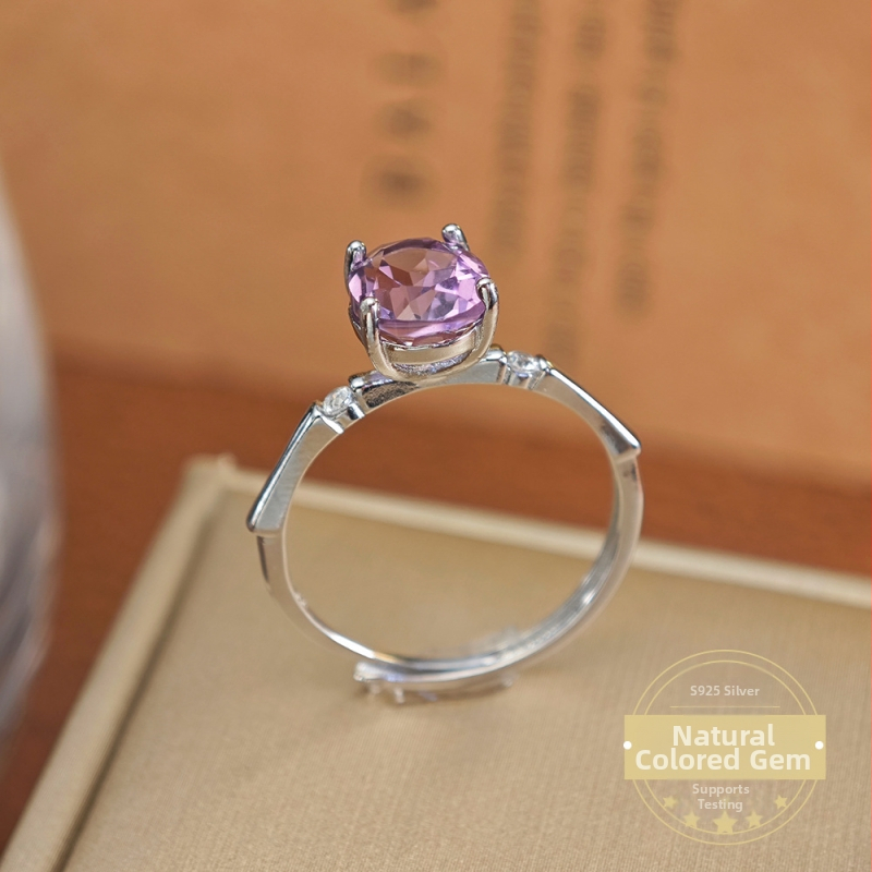 Ametisto žiedas iš Sterling sidabro, paprastas geometrinis moterų žiedas su akmenimis