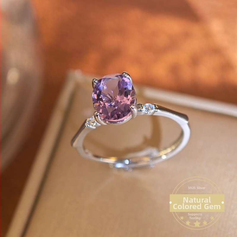 Ametisto žiedas iš Sterling sidabro, paprastas geometrinis moterų žiedas su akmenimis