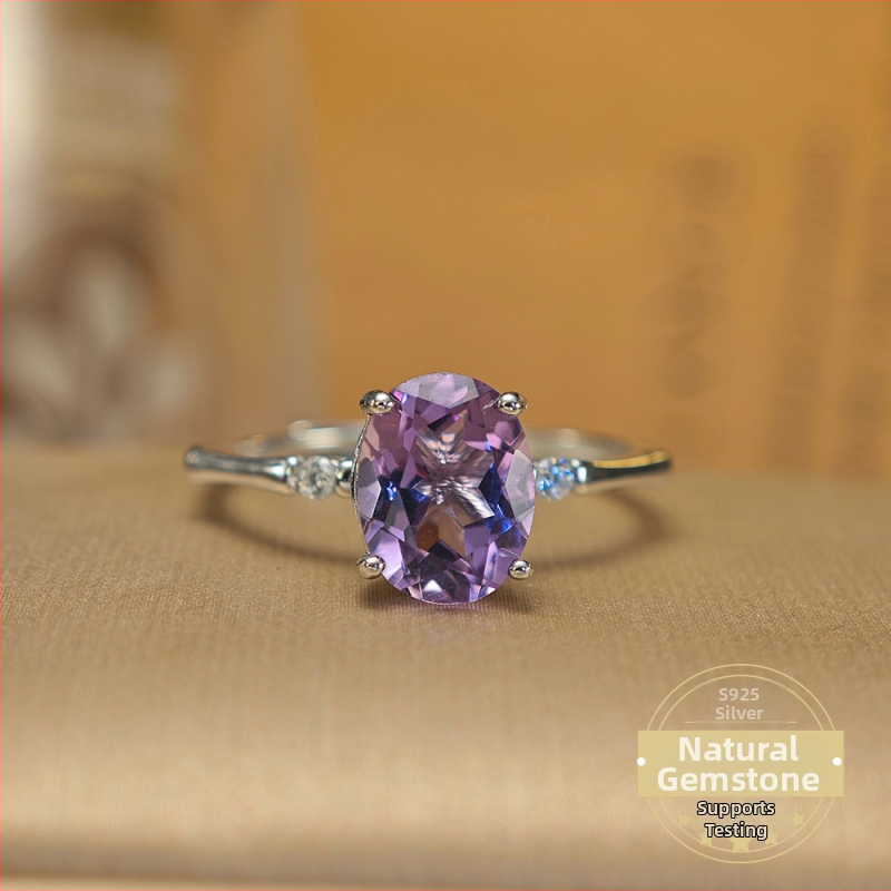 Ametisto žiedas iš Sterling sidabro, paprastas geometrinis moterų žiedas su akmenimis