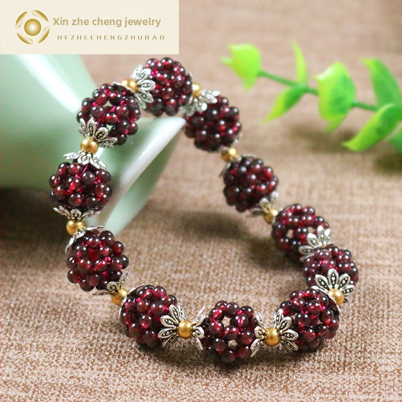 Pintud granaathelmedest käevõru, 11 helmest, loomulik stiil, käsitöö, naistele