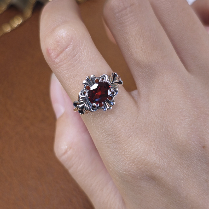 Δαχτυλίδι με γαρνέτ από ασήμι 925, γυναικείος γεωμετρικός σχεδιασμός, λίθοι τοποθετημένοι