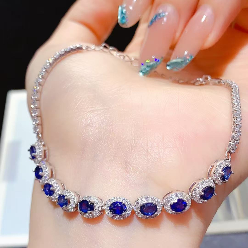 Narukvica s prirodnim safirom, srebro 925 inkrustirano, geometrijski dizajn, jednostavan ženski nakit