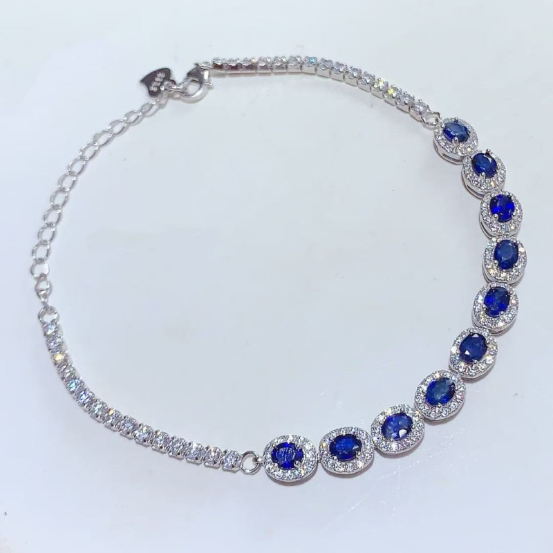 Narukvica s prirodnim safirom, srebro 925 inkrustirano, geometrijski dizajn, jednostavan ženski nakit