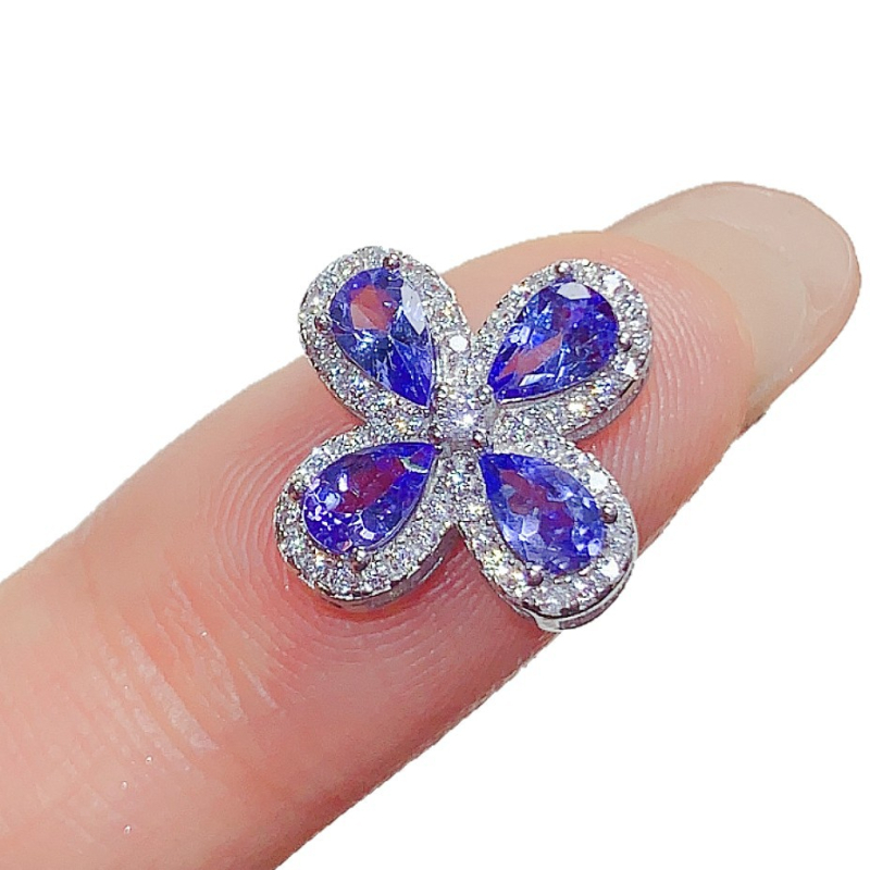 Lanac s privjeskom od akvamarina i tanzanita, 925 srebra, privjesak u obliku cvijeta, postavljen cirkonijem