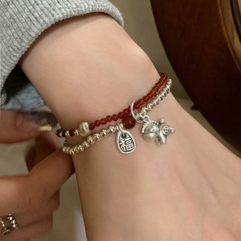 S925 srebrna narukvica s privjeskom ponija, dvostruki sloj, agat, završna obrada staromodnim postupkom