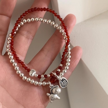 S925 srebrna narukvica s privjeskom ponija, dvostruki sloj, agat, završna obrada staromodnim postupkom