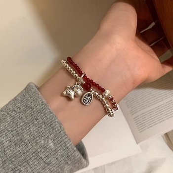 S925 srebrna narukvica s privjeskom ponija, dvostruki sloj, agat, završna obrada staromodnim postupkom