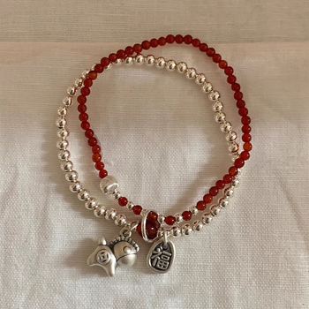 S925 srebrna narukvica s privjeskom ponija, dvostruki sloj, agat, završna obrada staromodnim postupkom