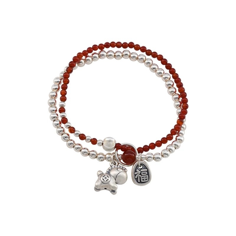 S925 srebrna narukvica s privjeskom ponija, dvostruki sloj, agat, završna obrada staromodnim postupkom