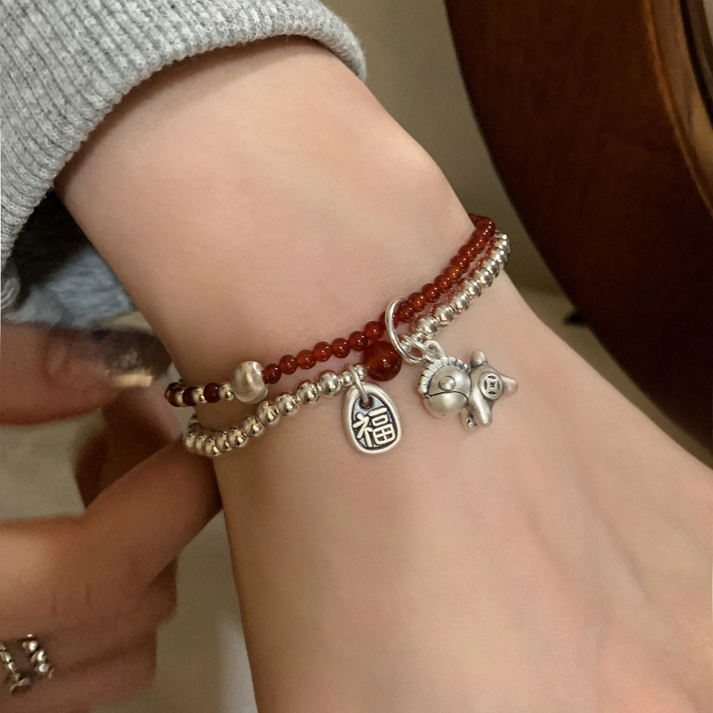 S925 srebrna narukvica s privjeskom ponija, dvostruki sloj, agat, završna obrada staromodnim postupkom